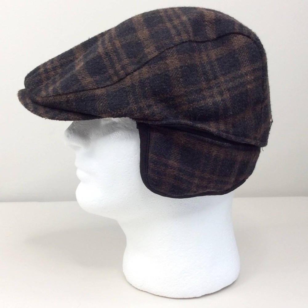 Stetson Plaid Wool Newsboy Cap Hat Black Brown Earflaps Flat L/XL Large X-Large